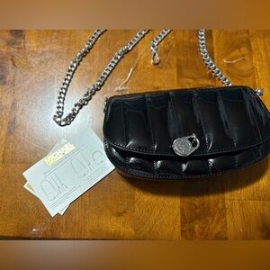 Michael Kors Glossy Black Clutch with Silver Accent